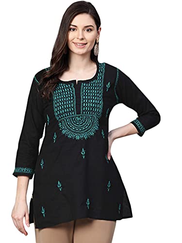 Image of Ada Women's Cotton Regular Fit Tunic Hand Embroidered Lucknow Chikankari Short Top Kurti A100554