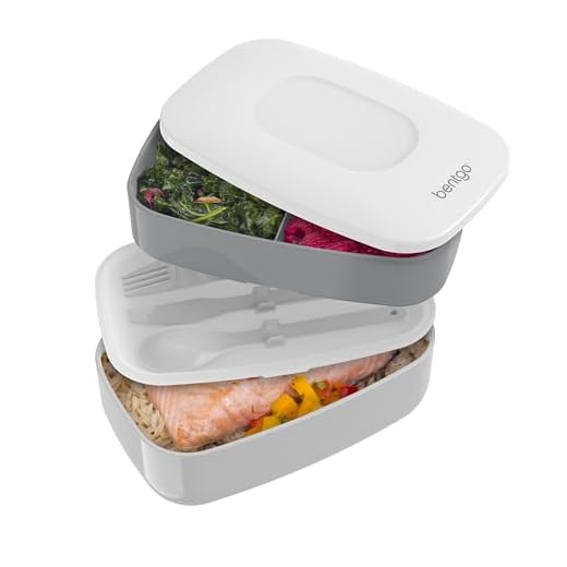 Bentgo Classic - All-in-One Stackable Bento Lunch Box Container - Modern Bento-Style Design Includes 2 Stackable Containers, Built-in Plastic Utensil Set, and Nylon Sealing Strap (Gray)