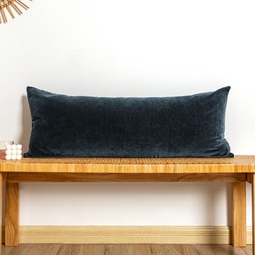 JoraLion Chenille Lumbar Pillow Covers 14x36 inch, Dark Blue Decorative Pillow Covers, Farmhouse Solid Dyed Soft Chenille Cushion Case for Couch Sofa Bed Living Room, Pack of 1(Cover ONLY)