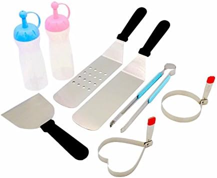 RunTo 8 Piece Professional Grade Grill Griddle BBQ Barbecue Tool Set- 2 Spatulas, 2 Bottles, 2 Egg Rings, 1 Chopper Scrapper and 1 Tong - Great for Flat Top Cooking, Teppanyaki, Camping and Tailgating