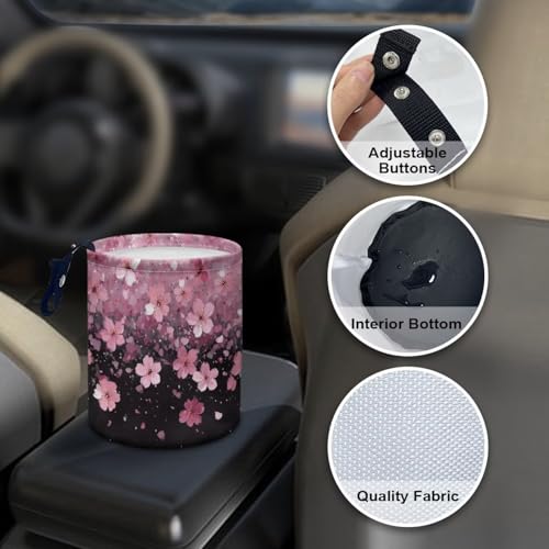 Image of Pink Cherry Blossom Print Mini Car Trash Bin with Adjustable Buttons Car Garbage Can Multipurpose Car Storage Bag Collapsible Reusable