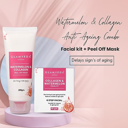 Image of Glamveda Watermelon & Collagen Anti Ageing Combo For Delay's ageing ( Facial Kit + Peel Off Mask )