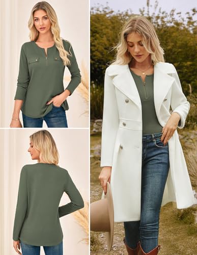GRACE KARIN Waffle Knit Tops for Women, Long Sleeve Shirts Dressy Casual Tunic Tops, 2025 Fall Work Blouses with Zipper2