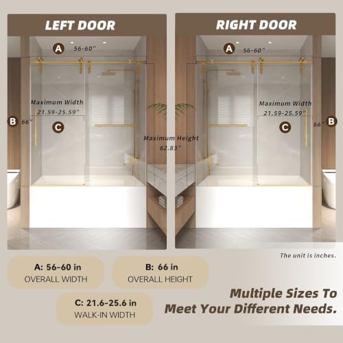 56"-60" W x 66" H Frameless Sliding Bathtub Shower Door, Brushed Gold