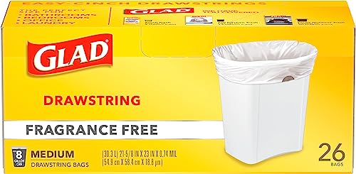 Glad Medium Drawstring Trash Bags, 8 Gallon, White, Fragrance Free, 26 Count, Pack May Vary #TOP3