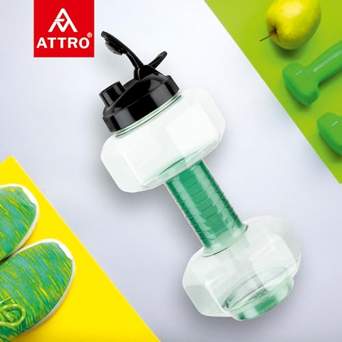 Image of Attro Dumbbell Water Bottle 2 Liter Plastic Bottle with Grip Handle Stylish Bottle for Gym Lover BPA Free, Food Grade, Leakproof- Green