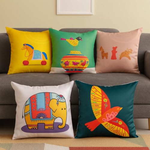 Image of Decorative Satin Sofa Cushion Covers Set of 5, 16 x 16 Inches, Multicolor Floral Printed Pillow Covers for Living Room, Bedroom, Couch & Sofa, Soft Glossy Fabric, Zipper Closure