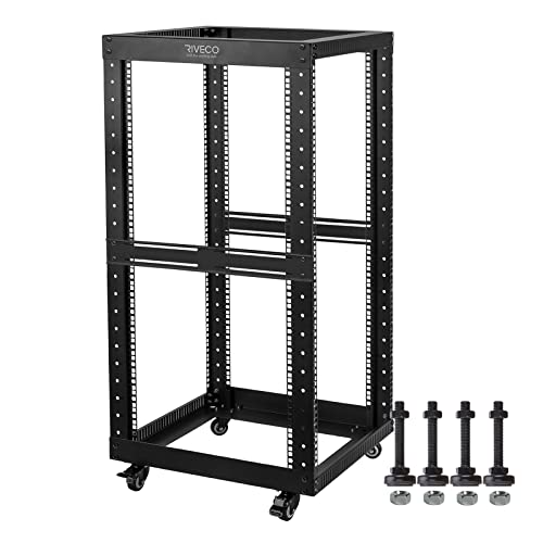 RIVECO 22U Open Frame Server Rack with Brake Casters- Heavy Duty 4 Post Quick Assembly 19-inch Rack Network Durable Black