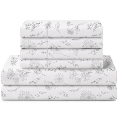 Image of Linen Home 100% Cotton Printed Percale Sheets Cal King Size, Grey Floral