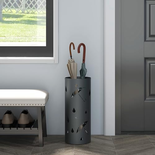 HOMCOM Galvanised Steel Umbrella Holder, Hollowed Umbrella Stand with 4 Hooks and Removable Drip Tray, Round Umbrella Basket for Hallway, Dark Grey - Cosy Home Interiors HOMCOM Galvanised Steel Umbrella Holder, Hollowed Umbrella Stand with 4 Hooks and Removable Drip Tray, Round Umbrella Basket for Hallway, Dark Grey - Image 2