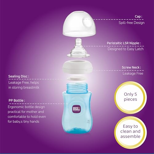 Image of BeeBaby Ease Wide Neck Colour Feeding Bottle 300 ml | BPA Free Easy Latching Baby Milk Bottle for Newborns & Infants | Soft Silicone Anti-Colic Nipple Fast Flow (8 Months +) |Blue, Pack of 2