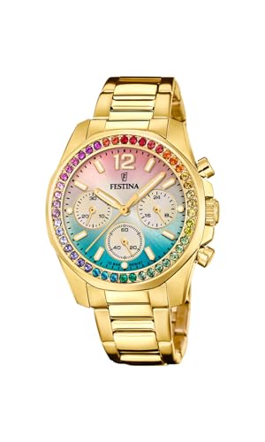 Festina Damen Uhr Analog Edelstahl 316L Gold - Quarz Chronograph - Mineralglas hochresistent - 10 ATM wasserdicht F20609/5 - Boyfriend Collection
