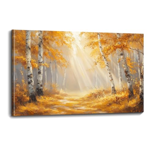 OLUNMILA Sunlit Autumn Forest Wall Art Yellow Tree Path Painting
