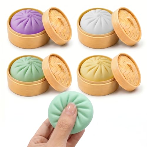 4Pcs Mini Dumpling Squishy, Glitter Dumpling Squishy Mystery Box, Dumpling Stress Ball Fidget Sensory Toy with Mini Food Steamer, Easter Basket Stuffers for Adults