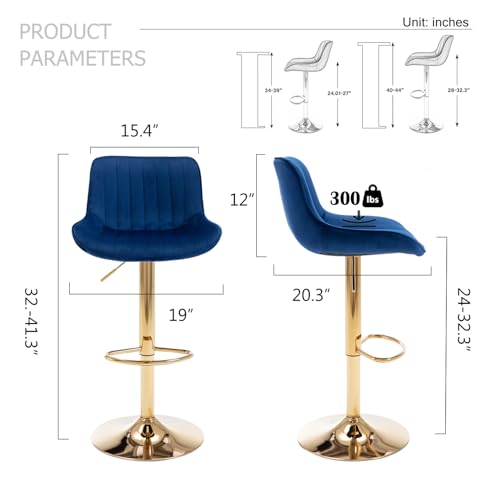 Image of ECHINGLE Velvet Bar Stools Set of 4 - Swivel Counter Height Barstools with Back & Adjustable Height, Modern Gold Kitchen Island Stools for Bar, Armless Pub Stools, Soft Blue Upholstered Seating