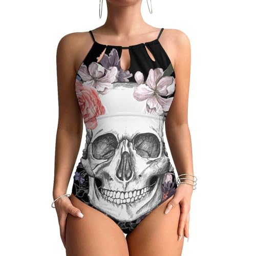 Maillot de bain une pièce fleur de crâne blanche avec contrôle du ventre