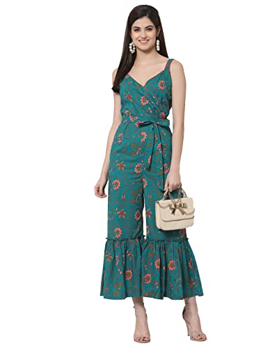 KBZ Womens Printed Cotton Long Jumpsuit, Turquoise, XL