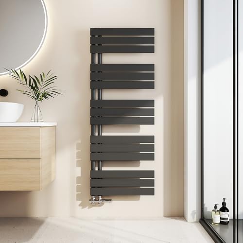 EMKE Toallero Baño Radiador Plano, toallero de Paneles, 1320 x 500 mm, Negro, secador de Toallas con conexión Lateral, 661W, radiador secador de Toallas de Agua Caliente