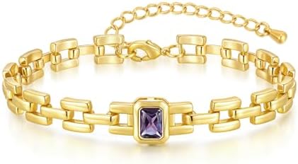 Gold Birthstone Bracelet for Women - 14K Gold Plated Adjustable Watch Band Chain Bracelets, Trendy Cubic Zirconia Link Bracelet, Birthday Anniversary Christmas Jewelry Gifts for Her