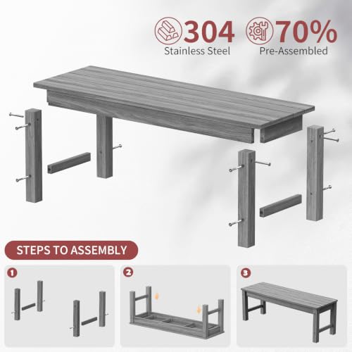 Image of Psilvam 47 inch HDPE Outdoor Bench for 2-Person, 700 LBS Capacity, Light Grey