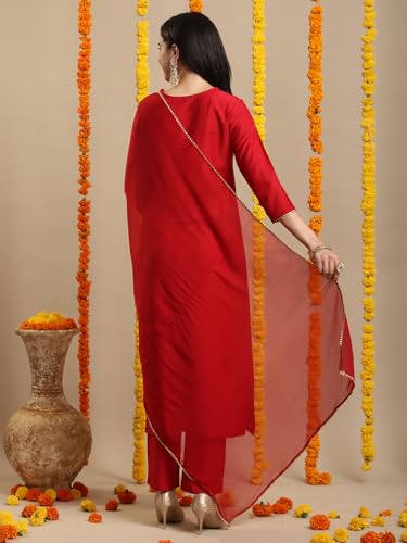 Image of GoSriKi Women's Rayon Blend Straight Embroidered Kurta with Pant & Dupatta