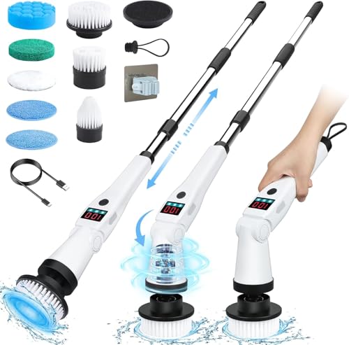 Image of Electric Spin Scrubber, Shower Scrubber with Long Handle, Rechargeable Cordless Power Scrubber, Retractable & Adjustable Angle Spin Brush for Cleaning Bathroom /Tub /Floor /Tile (Black-White+Beige)