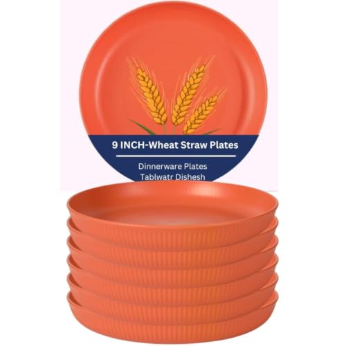 Image of Wheat Straw & Bamboo Fiber Plates Set, Lightweight Dinner Plates, Microwave and Dishwasher Safe, Plates Easy to Clean & Reusable (9 Inches, Blue, Set of 6) (6, Orange)