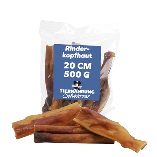 Tiernahrung Schwenner Rinderkopfhaut Hunde, 500g, 20cm, getrocknet | Zahnpflege Hund natürlich, Kauartikel aus Deutschland naturbelassen, Kaustangen, Kauknochen, 100% Rind