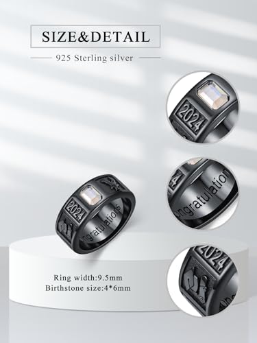 Dorunmo Personalied 2025 Class Ring Men 925 Sterling Sliver High School Rings for Men Black Class Bands Graduation Gift, 0/1/2/3 Gem and Pattern, 4.5/6/7/9.5mm Width4