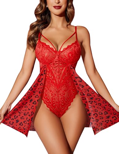 Image of Avidlove Babydoll Lingerie for Women Floral Snap Crotch Teddy Chemise Nightie Lace Nightgown