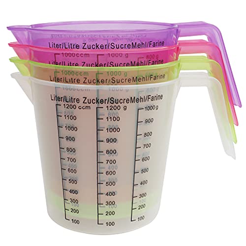 Kurtzy Helder Plastic Maatbeker (Set van 4) – 1 Liter / 1000 ml – BPA Vrij Stapelbare Kannen met Tuit, Grip Handvatten & Makkelijk te Lezen Maten – Keuken Maar Kan voor Voedsel, Koken & Bakken - Image 6