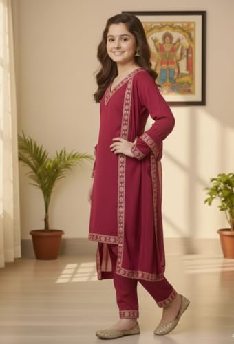Image of Girls Stylish Rayon Lace Work Kurti with Dupatta and Pant