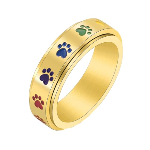 PAMTIER Women's Paw Print Rotatable Rings 6mm Stainless Steel Cute Dog Cat Paw Print Enameled Rainbow Spinner Engagement Wedding Band Gold Size S