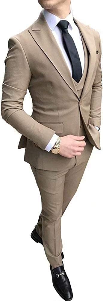 Ulnomio Men's Three Piece Suit Classic Fit Peak Lapel One Button Business Wedding Party Jacket & Vest & Pants