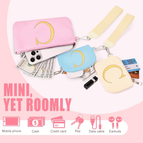 Mini Zip Around Keychain Wristlet Wallets for Women and Girls: Three Coin Purses with 2 Straps - Best Gifts for Birthdays, Christmas, Wedding Parties, Valentine's Day, New Year (C, Blue&Pink&Cream) — view 4