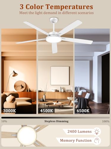 TALOYA Large Ceiling Fans with Lights and Remote, Reversible Quiet DC Motor, 6 Speeds, 3CCT, Dimmable, 62 inch White Modern Ceiling Fan for Patios, Living room, Bedroom, Farmhouse, Indoor, Outdoor thumbnail 3