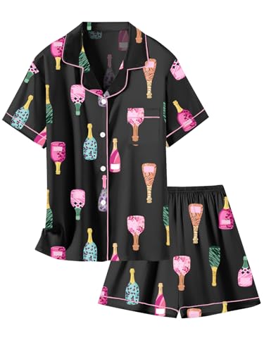 Image of Schbbbta Women Pajamas Set, 2 Pieces Satin Silk Button Down Pjs Short Sleeve Outfits Loungewear