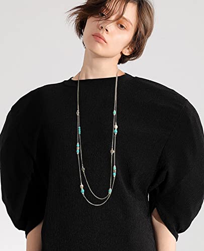 BULINLIN Layered Silver Long Necklace for Women Turquoise Stone Beaded Strand Sweater Chain Necklaces Fashion Costume Jewelry Gifts for Mom3
