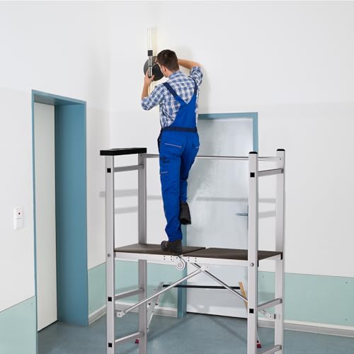 Image of APARECIUM Foldable Aluminum Scaffolding, Portable Scaffolding Ladder, Rolling Scaffolding Work Platform, Scaffold Tower, Ladder Stool Work Bench, Adjustable Work Platform, 330 Lbs Duty Rate