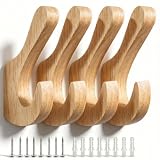 WJUAN Perchero de Pared de Madera Maciza de Roble – 4 Ganchos Dobles con Tornillos y Tubos de Expansión para Salón, Pasillo