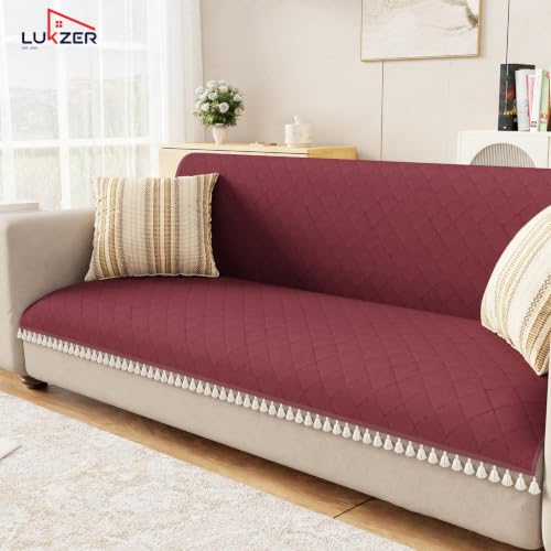 Image of Lukzer Quilted Sofa Cover Mat with Tassels for 3 Seater Sofa - Cranberry Red | Soft Washable Anti-Slip Protector for Living Room | Furniture Cover for Back-Seat Slipcover 180X150CM / SC-194-3T
