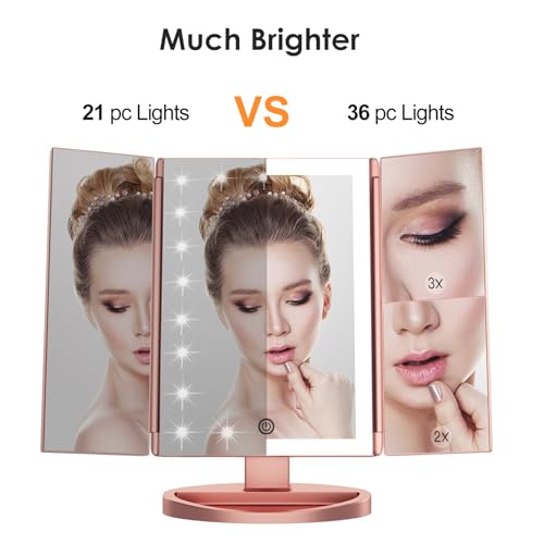 WEILY Espejo Maquillaje con Luz, Espejo Aumento con 1X/2X/3X, Espejo Led Plegable con 36 LED y Pantalla Táctil, Espejo de Mesa Soporte USB y Batería (Oro Rosa) - imagen 4