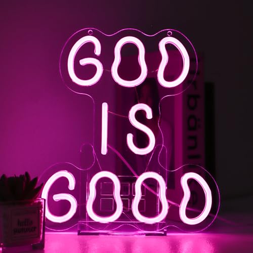 Image of God is Good Neon Sign,Christian Wall Decor | with USB Power, Soft Pink-Violet Glow for Bedrooms, Churches, or Gifts,11x10.2IN