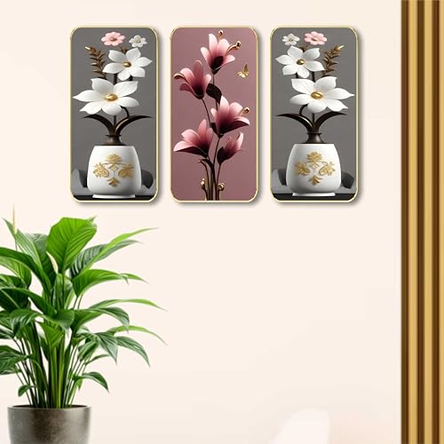 Image of SAF Floral Vase Wall Painting - 3 Panel MDF Board Artwork with Golden Frame | Elegant White & Pink Flowers in Decorative Vases | Modern Wall Decor for Living Room, Bedroom & Home (20 X 35 Inch) SG-57