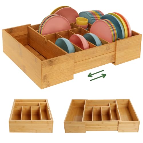 BAMEOS 3.9inch Tall Bamboo Drawer Organizer, Expandable Utensil Holder with 8 Compartments, Adjustable Kitchen Drawer Divider for Flatware, Silverware and Gadgets, Deep Storage for Home and Office
