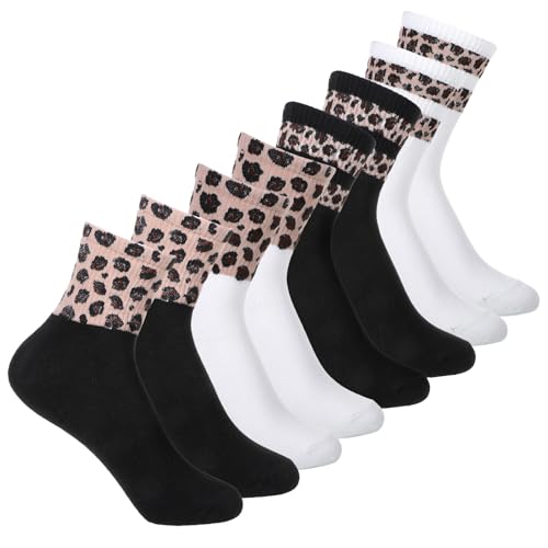 TIESOME 4 Paar Leoparden Muster Socken, Leopardenmuster Sportsocken Damen Leo Print Crew Socks Tennissocken Gestreifte Socken Atmungsaktive Lässig Sockens Sneaker Sockens für Teenager Mädchen