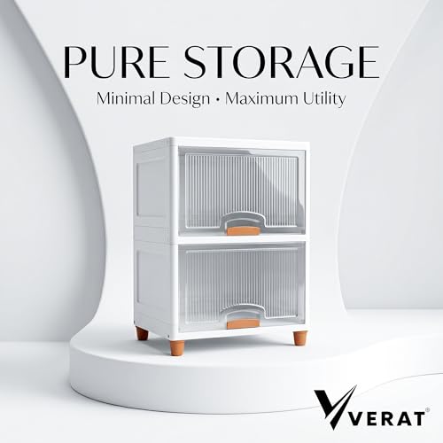 Image of VERAT 2 Tier Cupboard for Storage /Stackable Plastic Storage Cabinet /Foldable Wardrobe for Clothes /Multipurpose Storage Organizer /Closet for Bedroom /Living Room /Kitchen (Transparent & White)