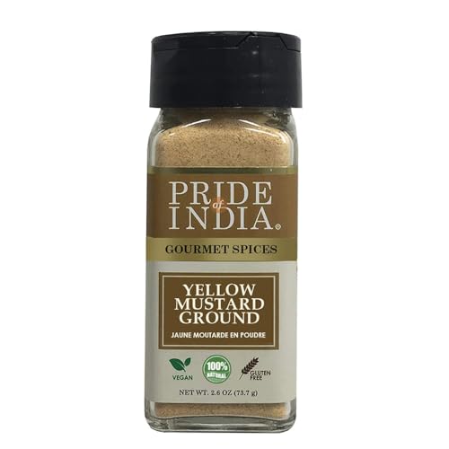 Pride of India – Yellow Mustard Ground – Gourmet Spice - Ideal for Pickles/Mustard Dressing/Sauces/ Hotdogs – Preservatives & Additives Free – Easy to Use – 2.6 oz. Small Dual Sifter