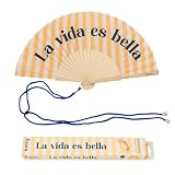 Fisura – Abanico Original con Mensaje “La Vida es Bella”. Abanico de Madera Moderno y Colorido. Ventilador de Mano Amarillo de Rayas. Colgador Incluido. Idea de Regalo Divertida. 42,5 x 23 cm