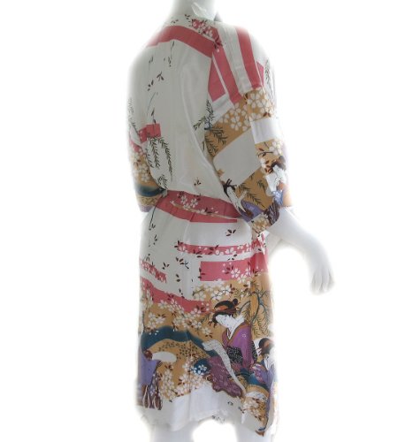 "Clickthai" Beautiful Thai Silk Robe- Japanese Geisha Design- Pure Ivory Color #TOP3